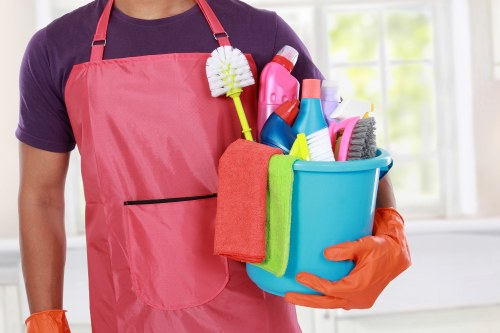 Carpet cleaning professional preparing safe equipment before service