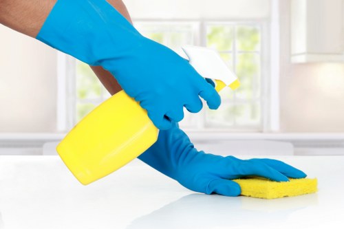 Cleaning technician preparing carpet cleaning equipment in a home interior
