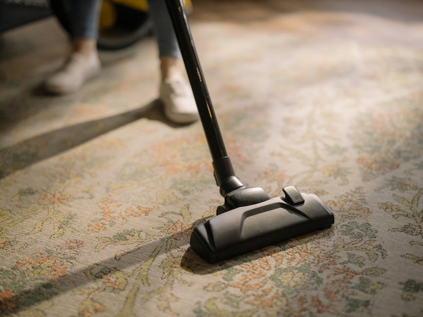 Close-up image of a modern vacuum cleaner head being used on a decorative patterned carpet in a residential living room. The carpet features a floral design with pastel shades of green, beige, and orange. The vacuum cleaner's black and grey body, with a visible power button, is positioned centrally, with the slim vacuum hose extending upward. The scene is well-lit with natural light, highlighting the clean and well-maintained surface. In the background, part of a person's legs wearing grey pants and white sneakers are visible, indicating active cleaning. This image illustrates surface cleaning and deep cleaning processes, emphasizing hygiene and maintenance, consistent with the services offered by Carpet Cleaning W8 at Holland Park Avenue for period homes, W8.